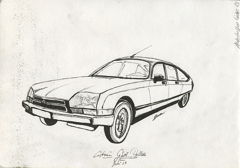 Eine karikaturhafte Finelinerskizze einer Oldtimer-Limousine.
